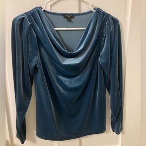Ann Taylor Factory Shimmery Blue Velvet Shirt with Cowl Neck & Ruffled Shoulder